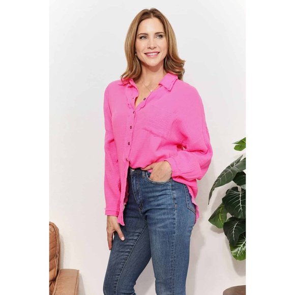 Gauze Raw Edge Button-Up Shirt Solid Long Sleeves Casual Relaxed Fit Cotton Pink - Picture 1 of 6